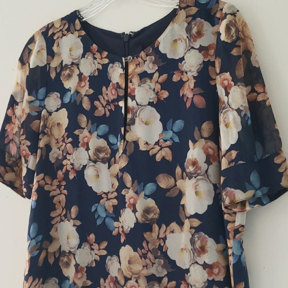 J.CREW Antique Floral Silk Shift Dress Womens Size 00 Navy Blue Short Sleeves - Picture 5 of 15